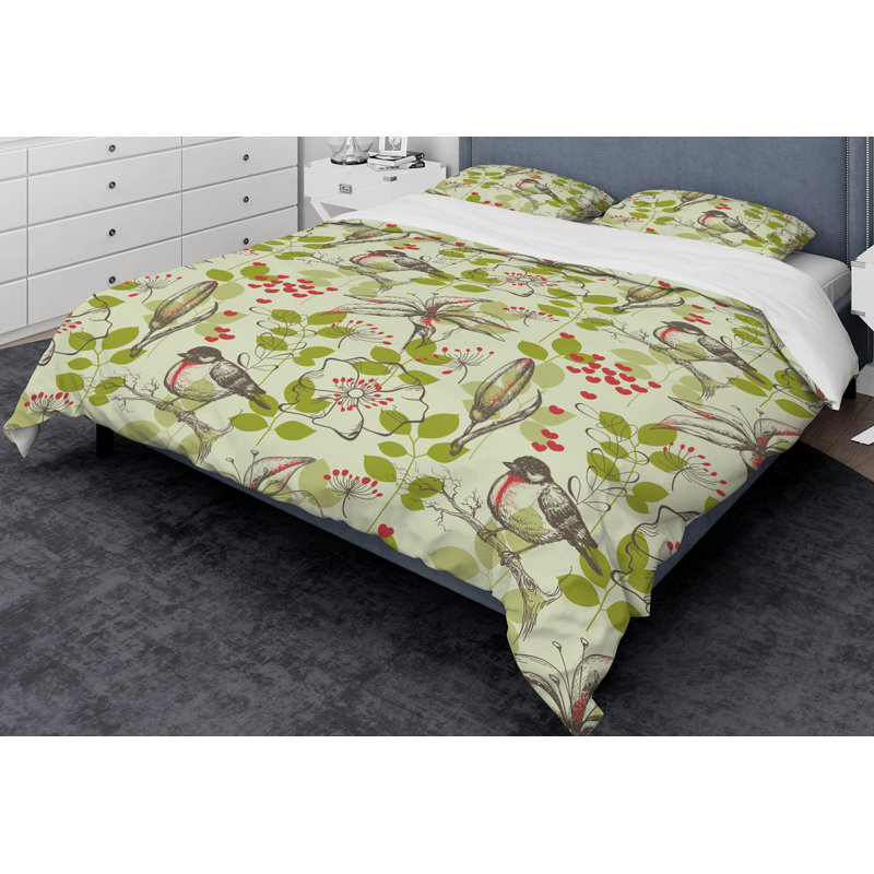 Ensemble de housse de couette designart petites oiseaux et lilies et little hearts, Housse simple + 1 taie décorative