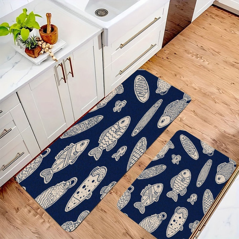 Tapis de cuisine antidérapant 2 pièces, Imprimé animal bleu marine / blanc