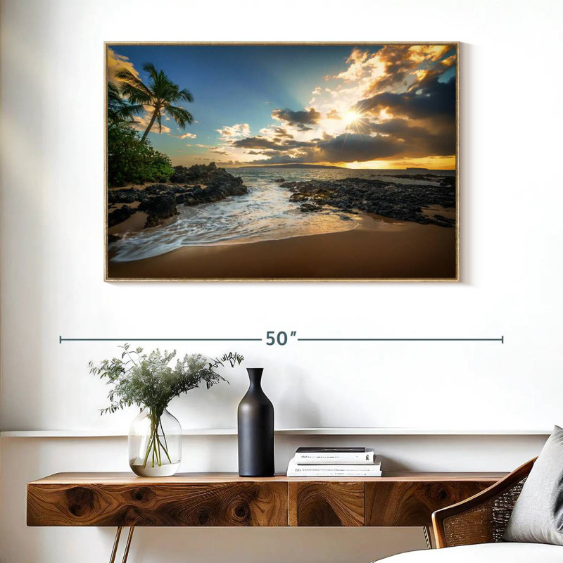 Makena Cove, ciel coucher de soleil, Cadre flottant en bois naturel, 40 po x 27 po