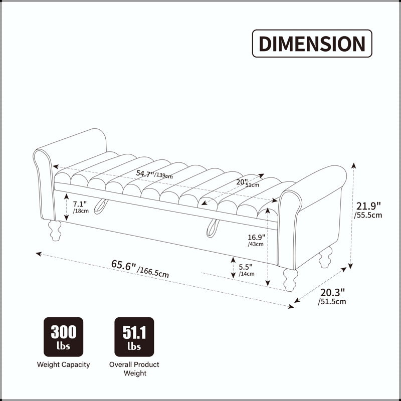 Banc de rangement rembourré 65,55 po moderne avec accoudoirs roulés - Beige, H 21,9 po x L 65,6 po x P 20,3 po, Beige, Beige