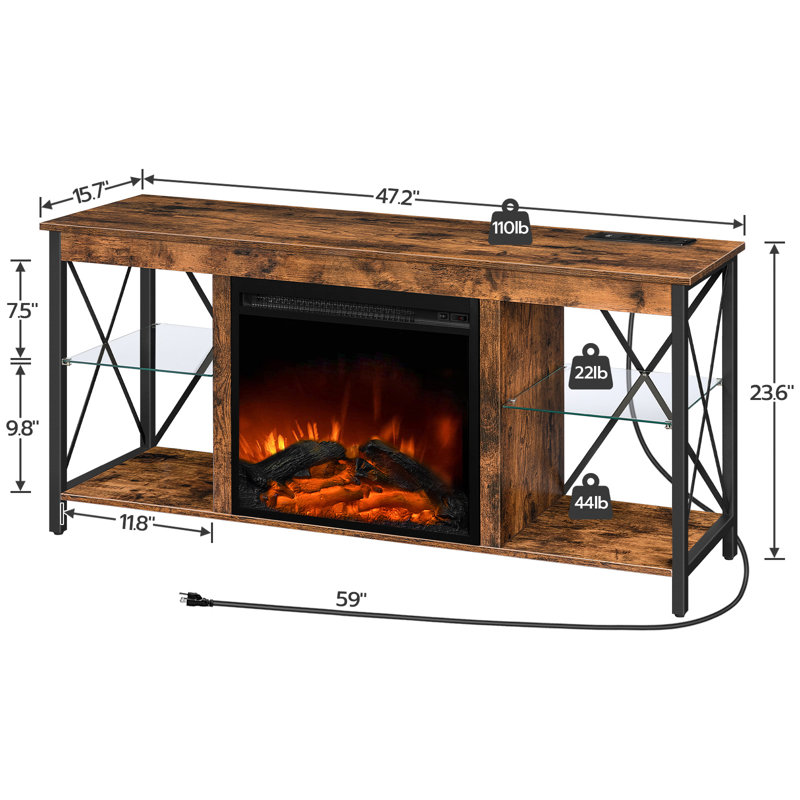 Rustic Brown Electric Fireplace TV Stand with Glass Shelves