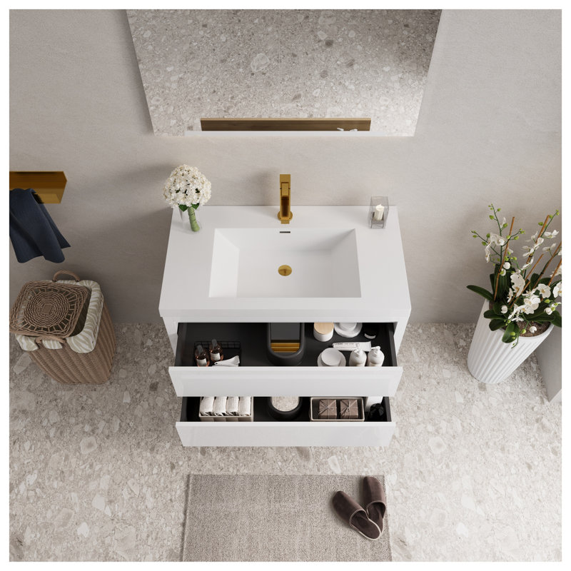 Meuble-lavabo mural de 91 cm (36 po) avec comptoir en résine de pierre, armoire de rangement suspendue avec tiroirs à fermeture amortie, blanc lustré