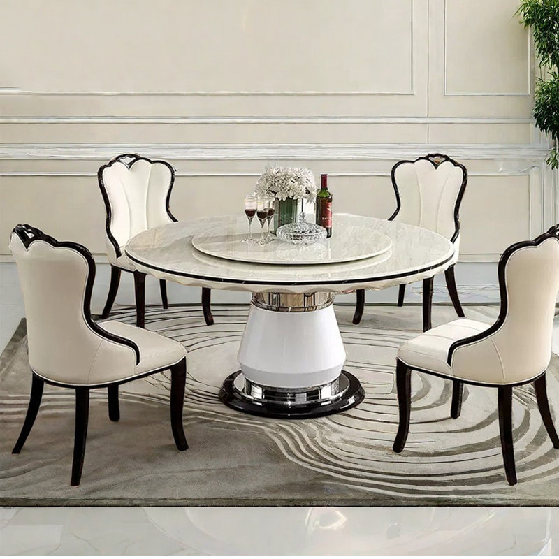 Ensemble de table de salle à manger simple en faux marbre blanc, 9