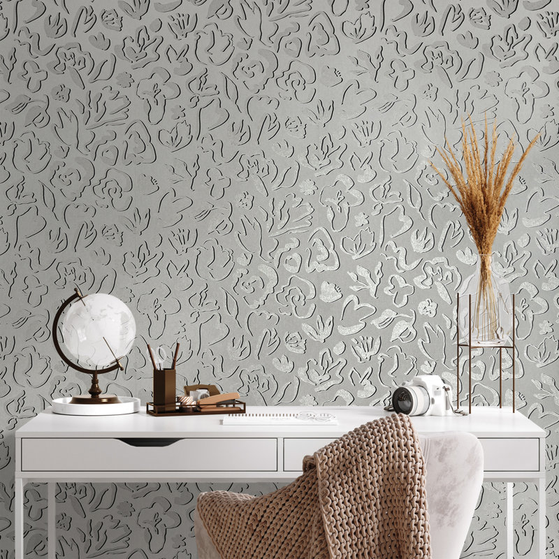 Salt Metallic Fiore Flower Design Wallpaper Roll, Silver