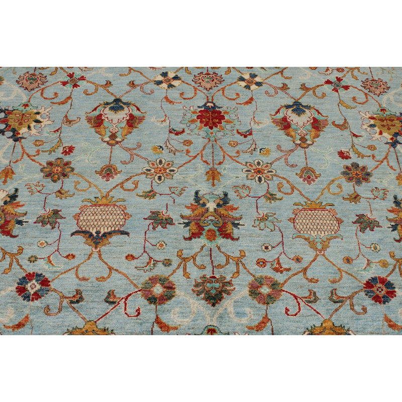 Tapis tribal turc bleu et multicolore 9 x 12