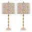 Ensemble de 2 lampes de table H 27 "en pierre de travertin, métal, tissu doré, brun clair