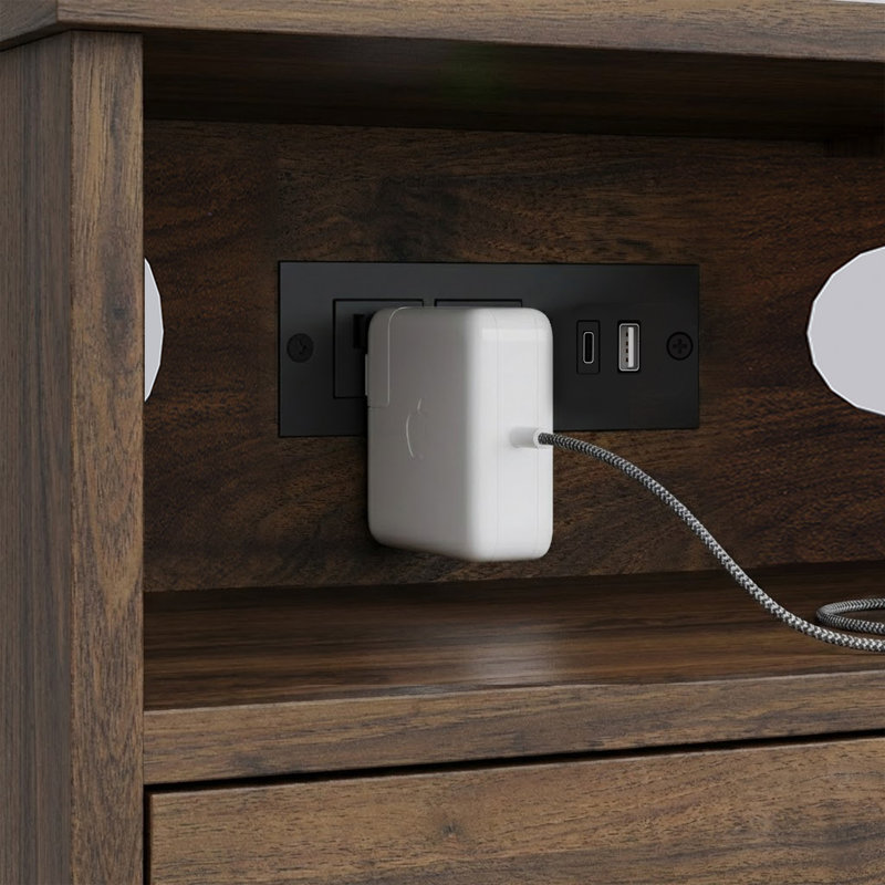  Table de chevet moderne Mid-Century avec tablette ouverte et station de charge, Noyer foncé