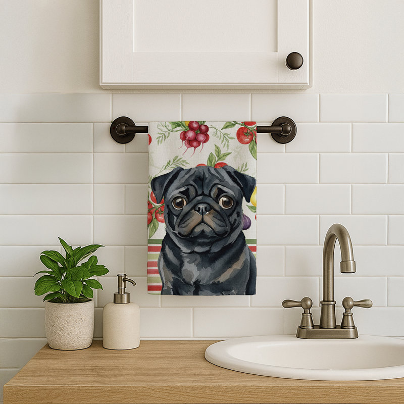 Black Pug Vegetables Kitchen Towel, Black Pug