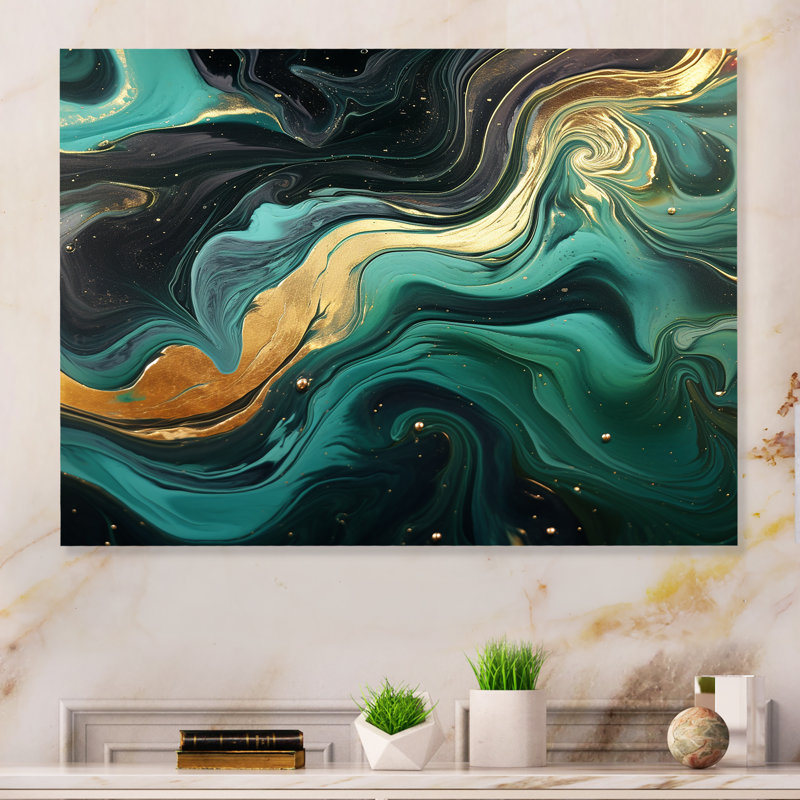Abstrait marbre vert et doré rivière III - décoration murale en marbre, H 24 po x l 32 po x P 1 po