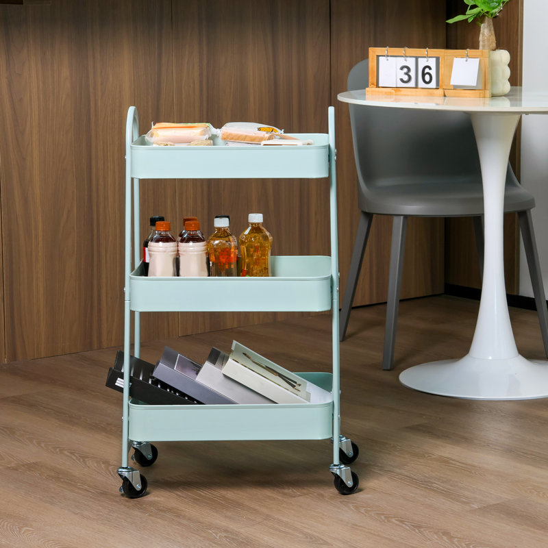 Chariot utilitaire roulant à 3 niveaux avec roues verrouillables, rangement en métal, Vert