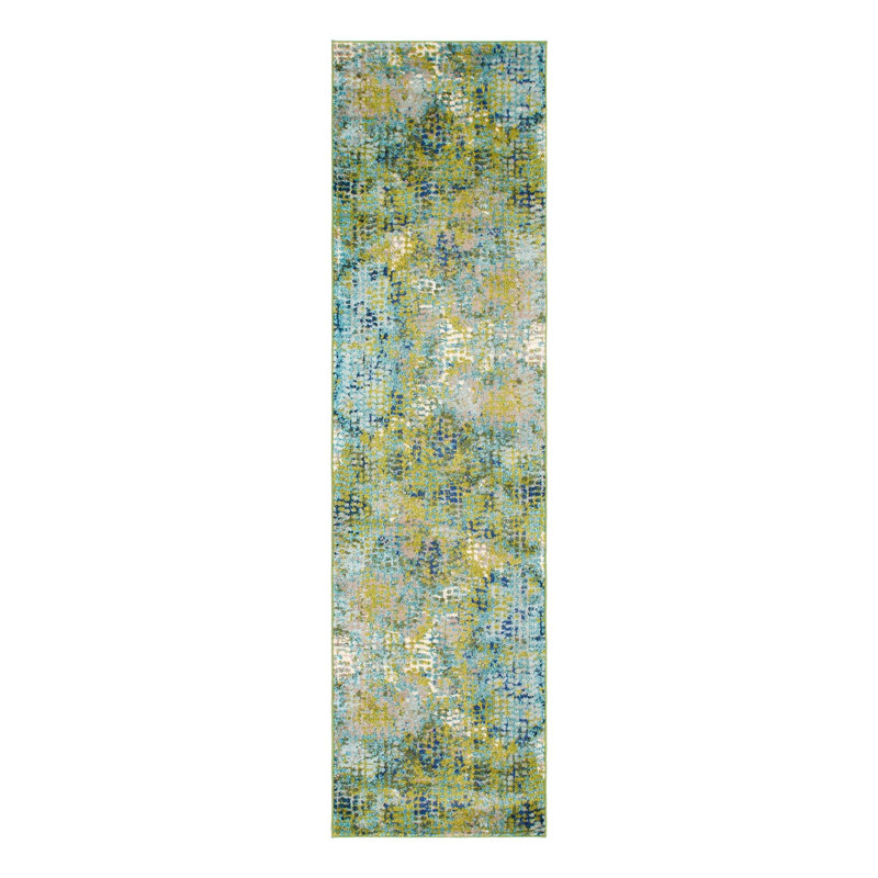 Tapis abstrait bleu / vert Hashimoto, Tapis de couloir 2 pi 7 po x 10 pi