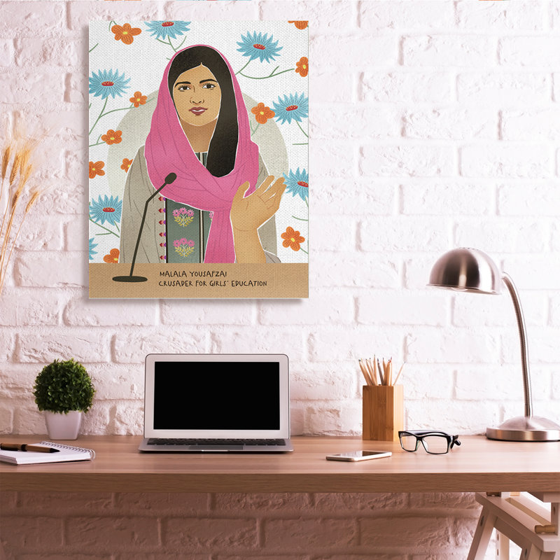 Malala, parole, sur, bleu, orange, fleurs, icône, femme, Toile tendue, H 48 po x l 36 po