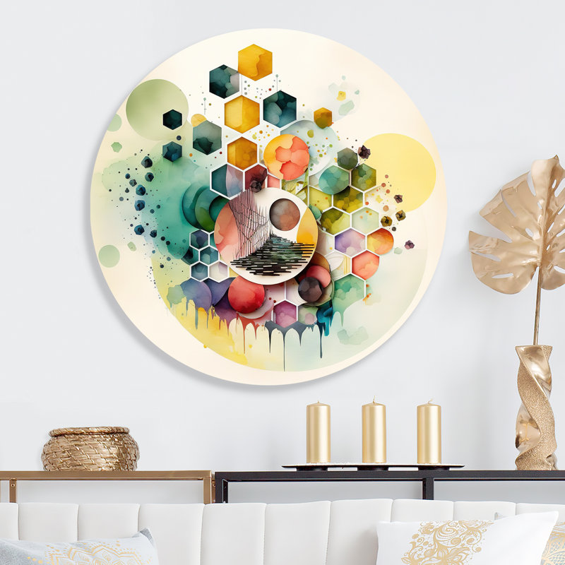 Hexagone et circulaire abstrait IV - Art abstrait géométrique rond sur métal, L 16 po x H 16 po