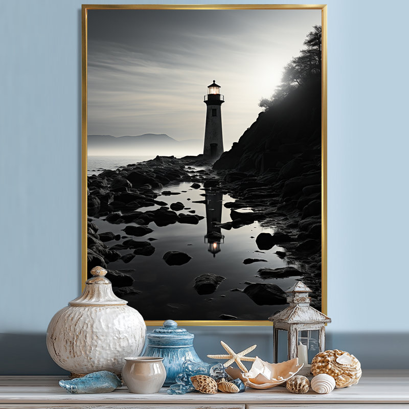 Phare, paysage d'imitation sur toile, Cadre flottant doré, 44" H x 34" W
