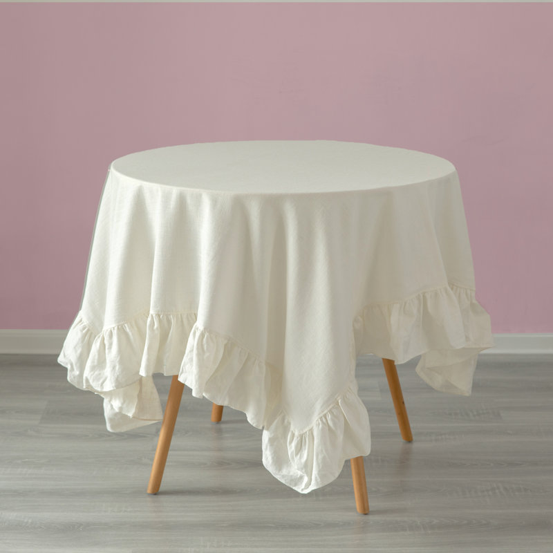 100% Pure Linen Washable Tablecloth With Ruffle Trim, 60" L x 60" W, White