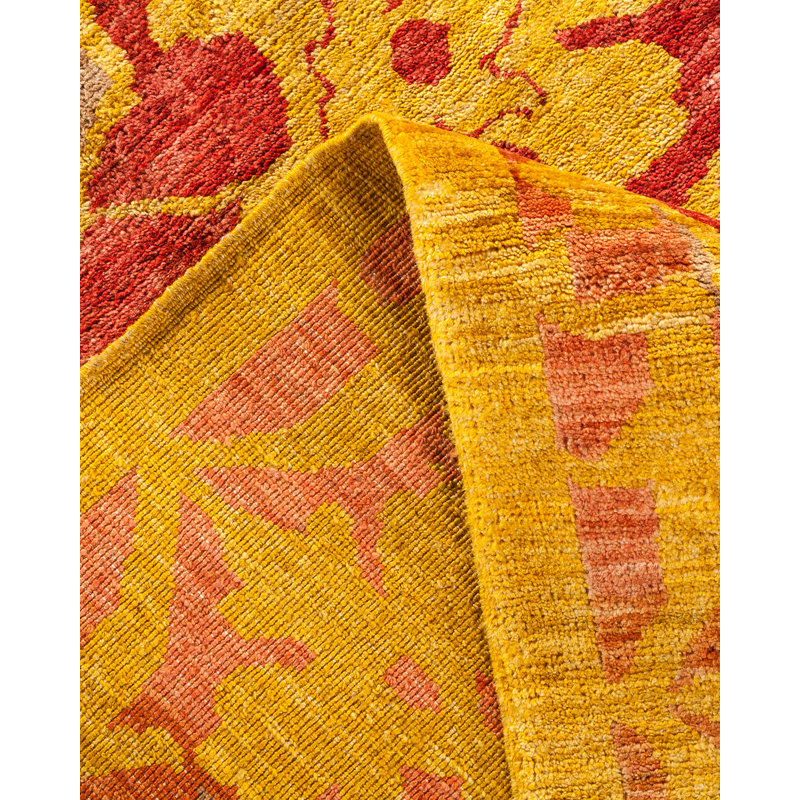 Tapis jaune en laine noué à la main de conception unique 8 pi 10 po x 11 pi 8 po Sadie-Mae