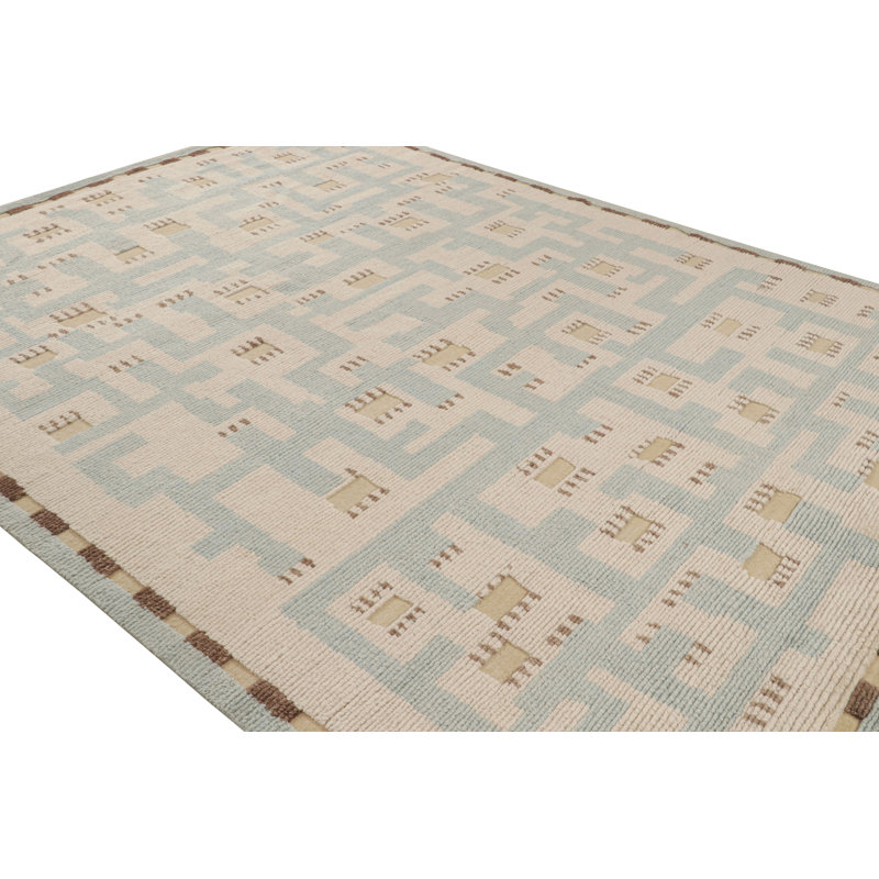 Rug & Kilim’S Scandinavian Rug With Beige-Brown And Blue Geometric Patterns, Rectangle 5' x 8'