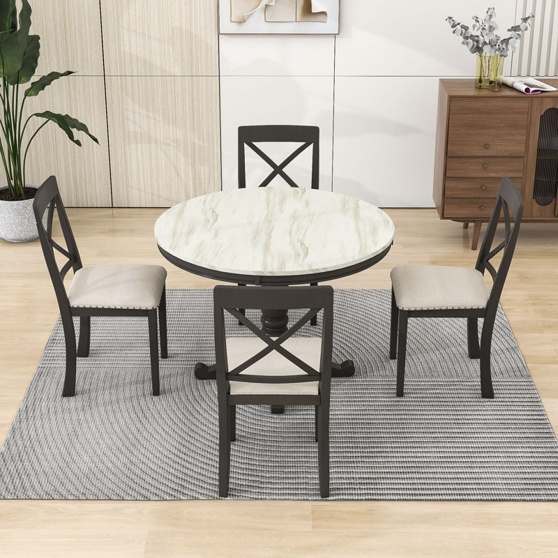 Moneke 5-Piece Dining Table Set, Wooden Kitchen Table with Upholstered Chairs