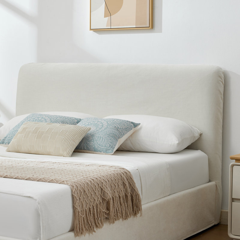 Lit plateforme tapissier Bensu, Lit double, Blanc cassé