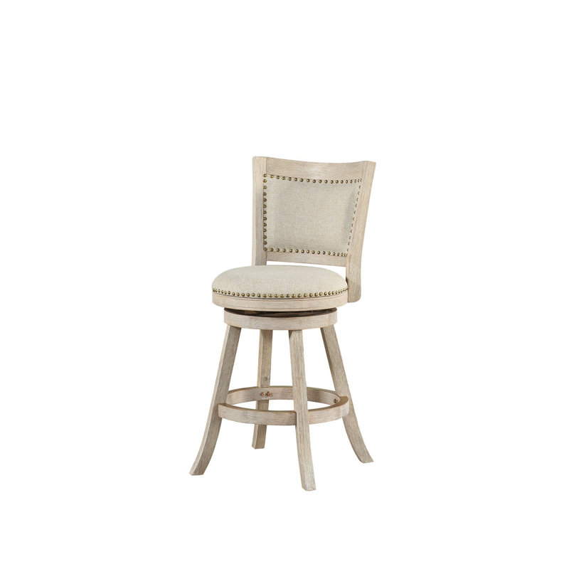 Ivory Linen Upholstered Swivel Counter Stool with Nailhead Trim