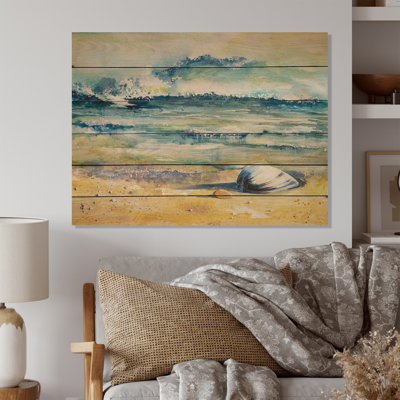 Coquillage sur la plage - Impression sur bois bleu nautique et côtier