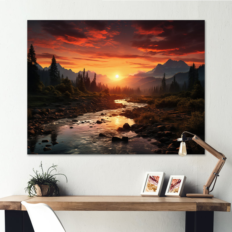 «Sunrise Morning At The River - Sunrise & Sunset», art mural, Toile tendue, H 34 po x l 44 po x P 1,5 po