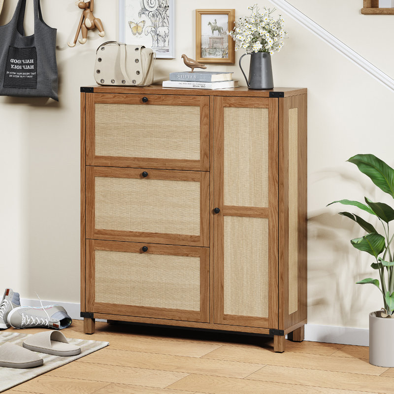 24 Pair Shoe Storage Cabinet with  3 Flip Drawers & Solid Wood Legs