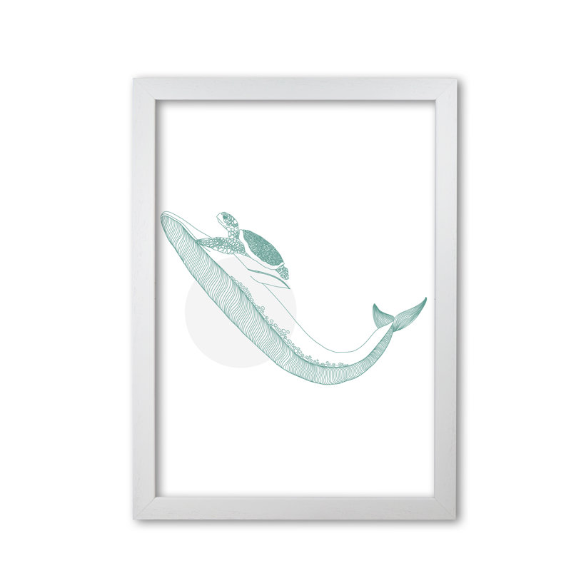 Marine Animals Whale And Turtle - Print, White Grain Frame, 42 cm H x 30 cm W x 5 cm D