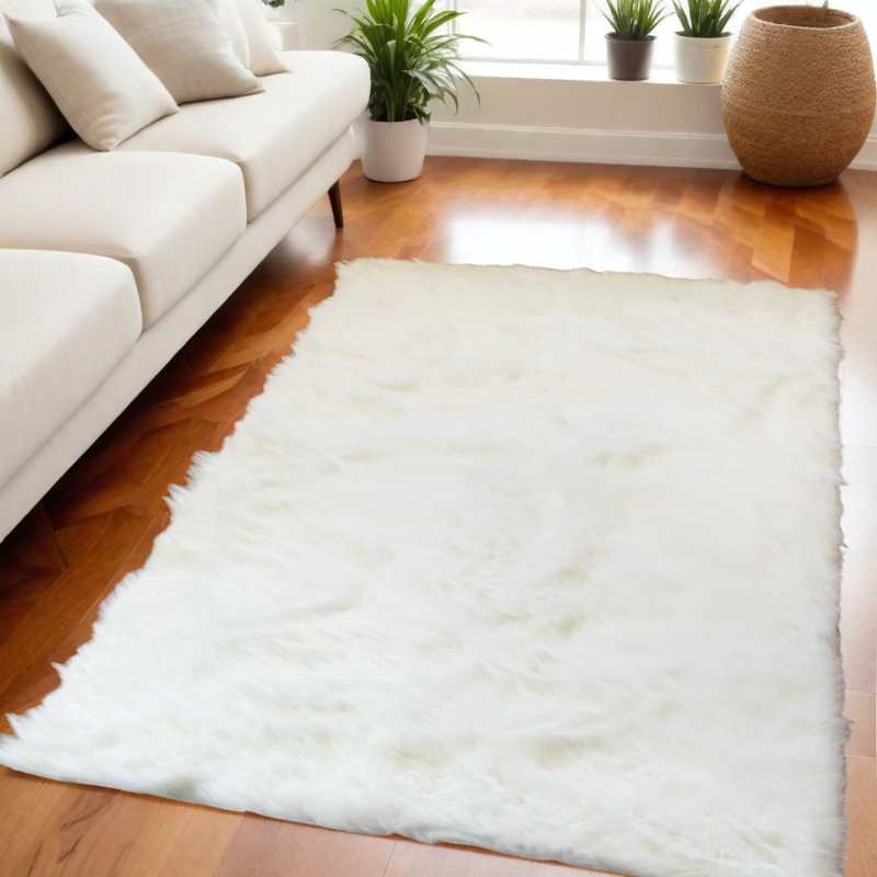 Escobedo Off White Faux Fur Washable Area Rug, Rectangle 5' x 8'