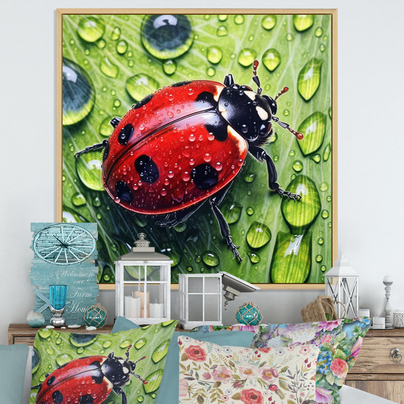 Coccinelles rouges et noires II sur toile, H 24 po x l 24 po x P 1 po, Cadre naturel flottant