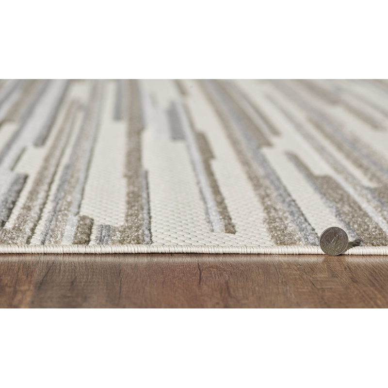 Tapis d'extérieur à rayures abstraites Gemmill, Rectangle 3 pi 3 po x 4 pi 11 po, Gris