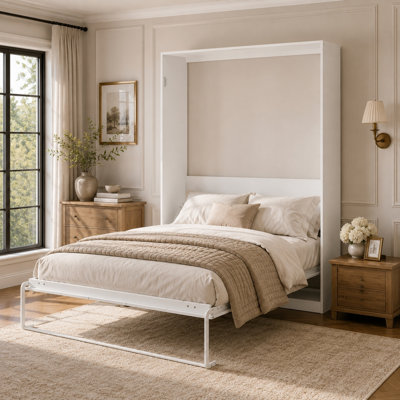 Lit escamotable blanc brillant 85,6 po H - de style armoire, fixation murale avec ensemble anti-basculement, grand lit, matelas non inclus