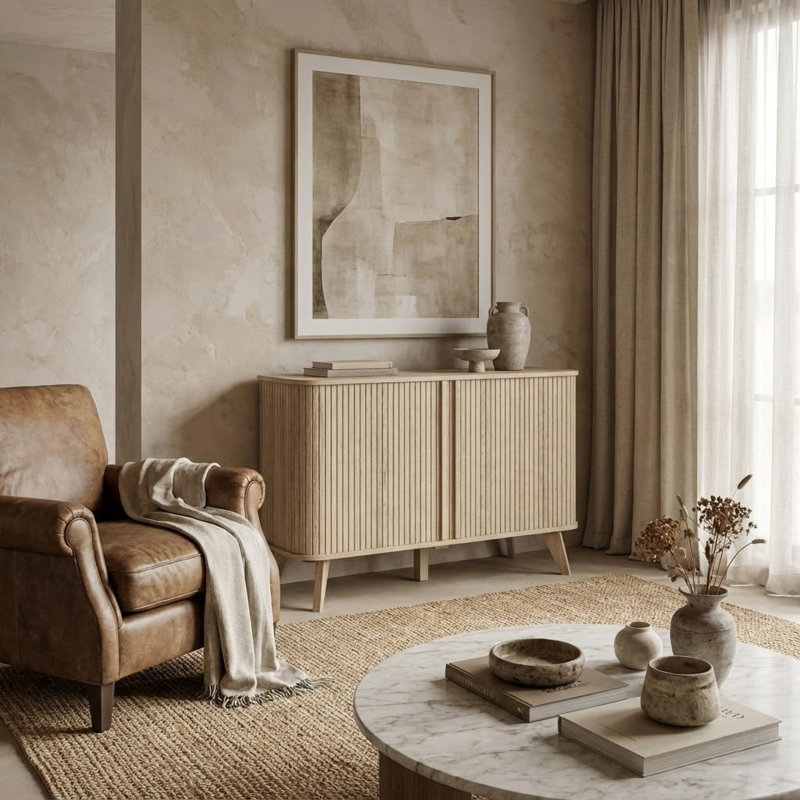 Aurel Modern 42.1" Fluted Sideboard with Sliding Doors & Shelves, Beige
