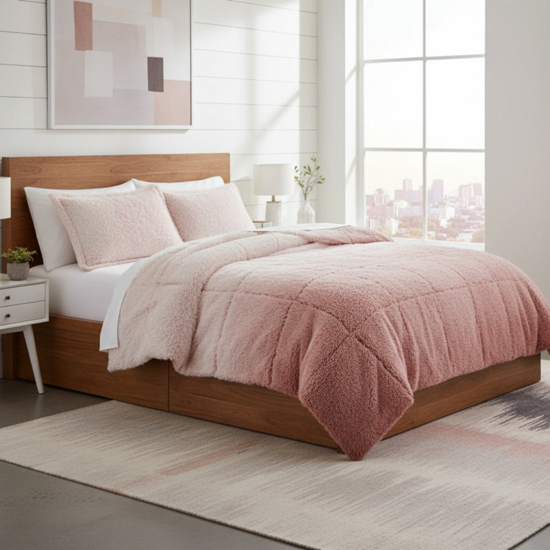 Ensemble d'édredon à poil long double / grand dégradé, L 90 po x l 90 po, Rosé