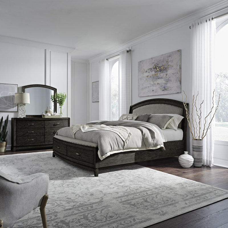 Ensemble de chambre avec lit tapissier, commode et miroir Drelan, Grand lit, Marron foncé