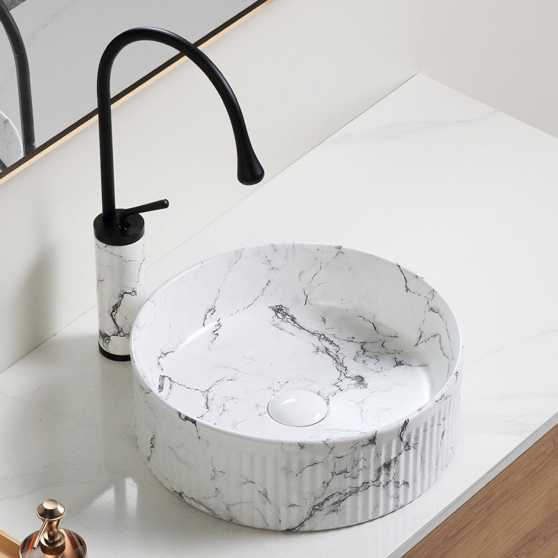 Round Black And White Marble Bathroom Vessel Sink - Porcelain Ceramic Above Counter Art Basin For Vanity And Cabinet | Gift Idea