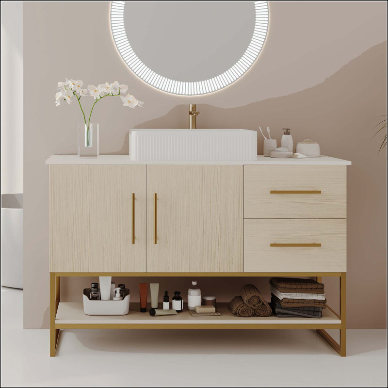 Meuble-lavabo moderne 36 po avec lavabo vasque en céramique, Forme rectangulaire, Chêne blanc Américain