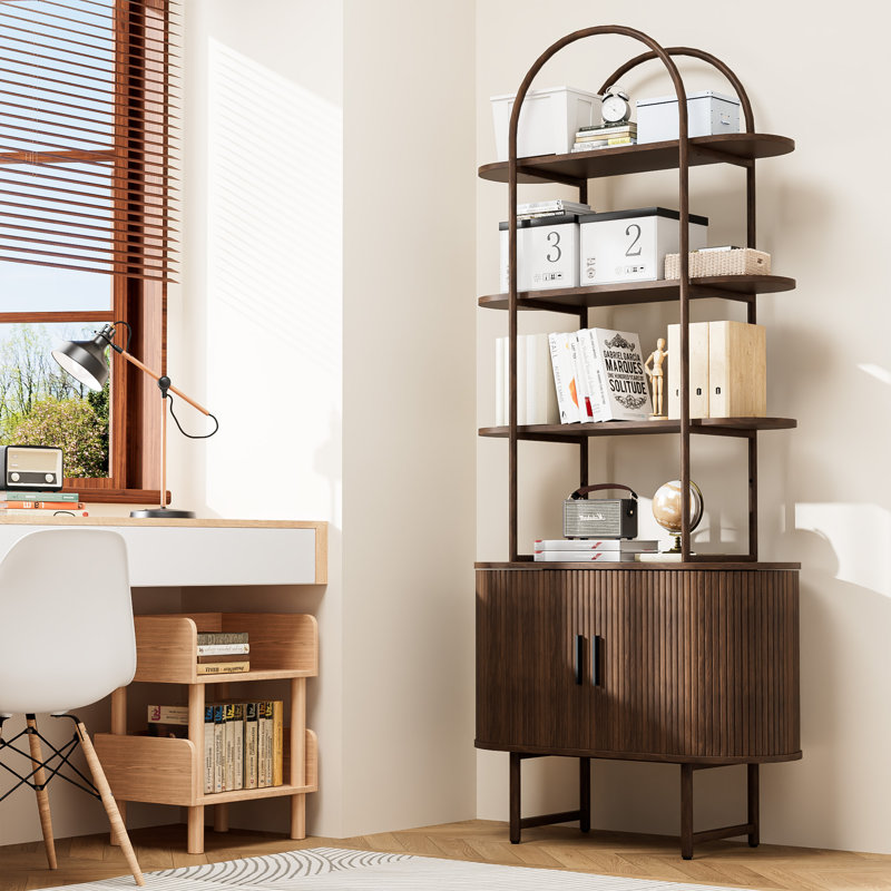 70.8''Tall 4-Tier Arched Bookshelf with Curved Ribbed Enclosed Storage Cabinet Base