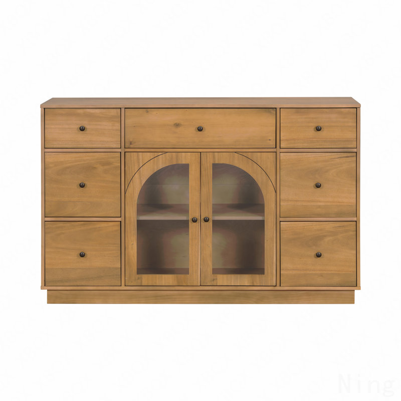 Large Size Accent Storage Cabinet, For Living Room/Dining Room Entrance With 2-Doors And 7-Drawers, Natural