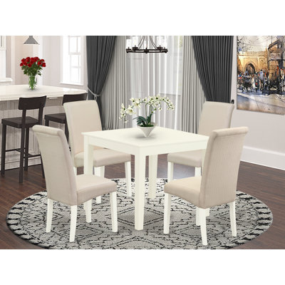 5 Piece Modern Dining Table Set Includes a Square Wooden Table and 4 Cream Linen Fabric Upholstered Parson Chairs, Linen White