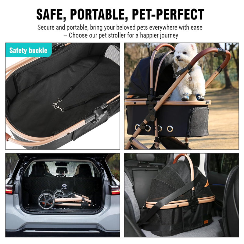 Pet Stroller, Folding Lightweight Cat & Dog Stroller With Detachable Carrier, NO-Zip 180° Reversible Canopy, All Terrain 4-Wheel, 45 Lbs Capacity For Small To Medium Dogs