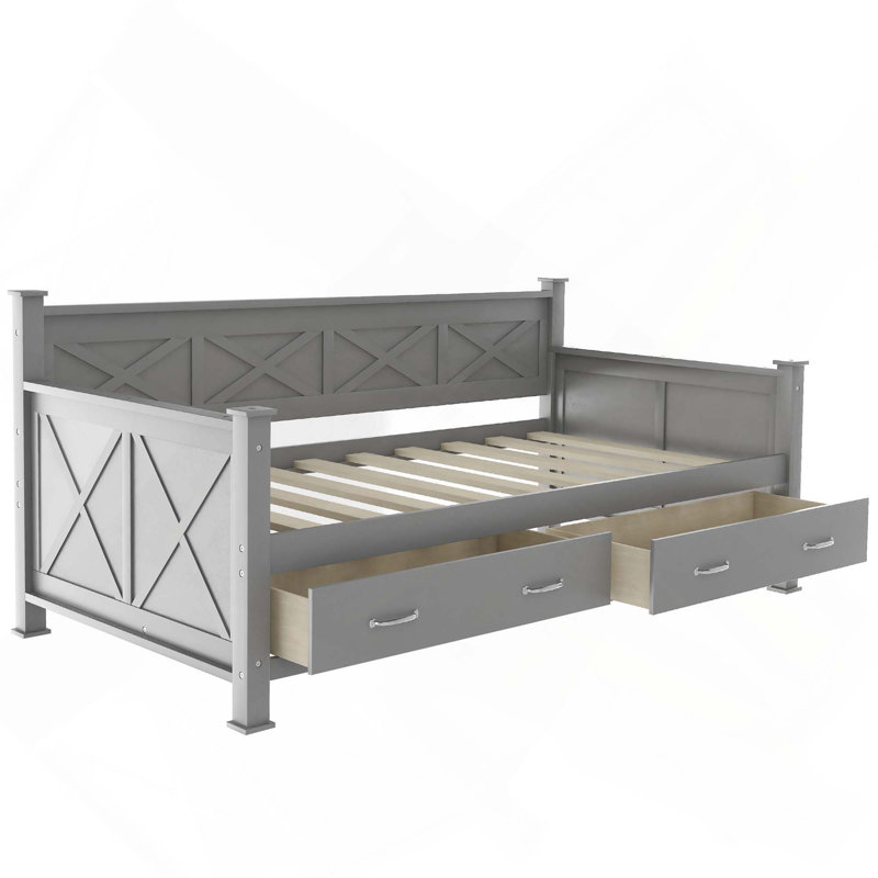 Lit de jour moderne de style rustique avec tablettes de rangement et tiroir, Gris