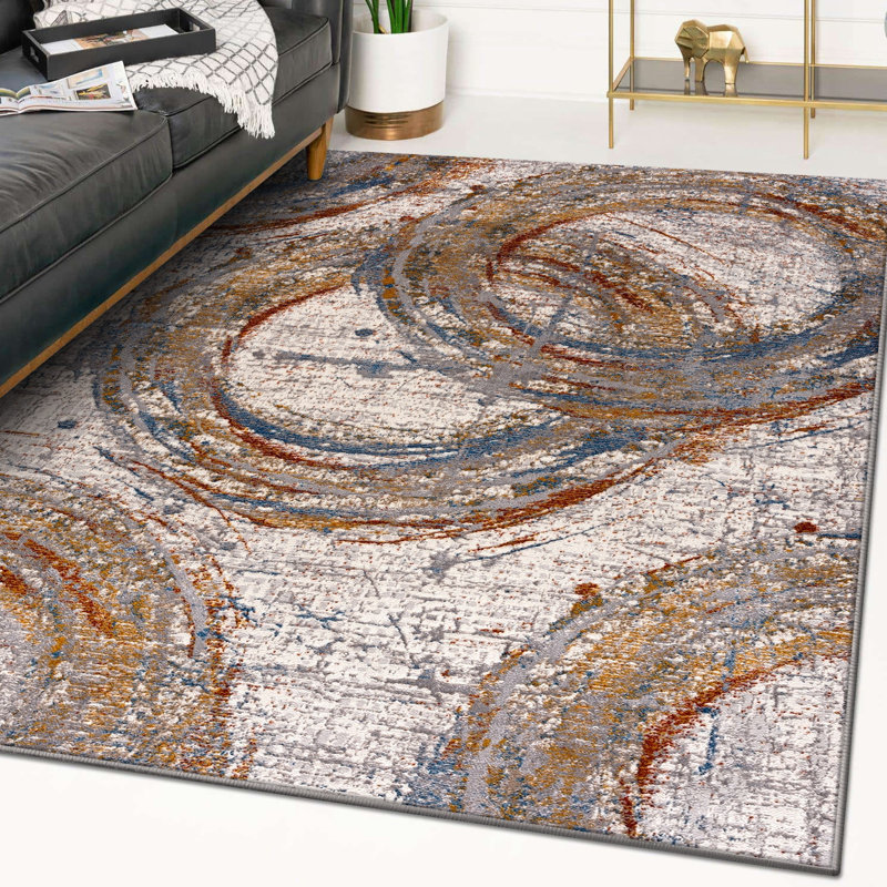 Tapis abstrait en polypropylène tissé à la machine en gris clair / brun, Rectangle 6 pi 6 po x 9 pi 3 po