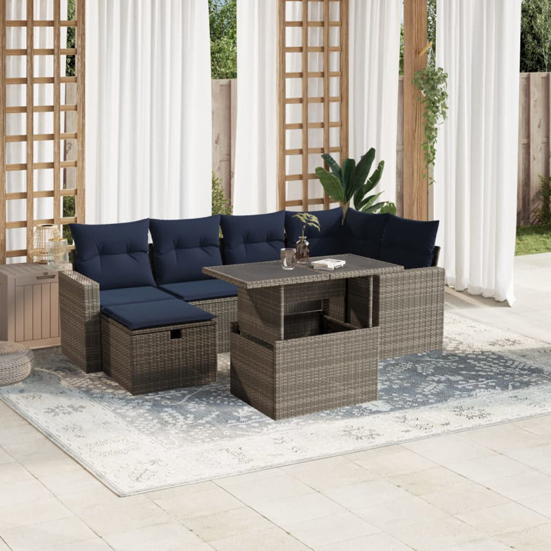  7 Piece Patio Sofa Set With Cushions Poly Rattan, Gray, Blue