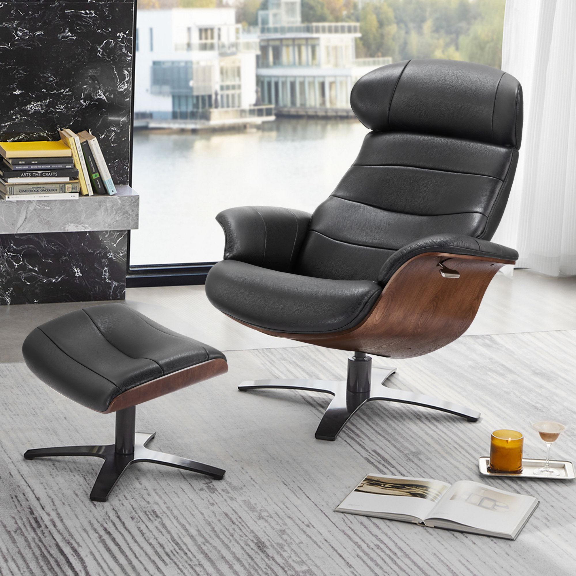 Dillon Genuine Leather Swivel Recliner, New York Midnight