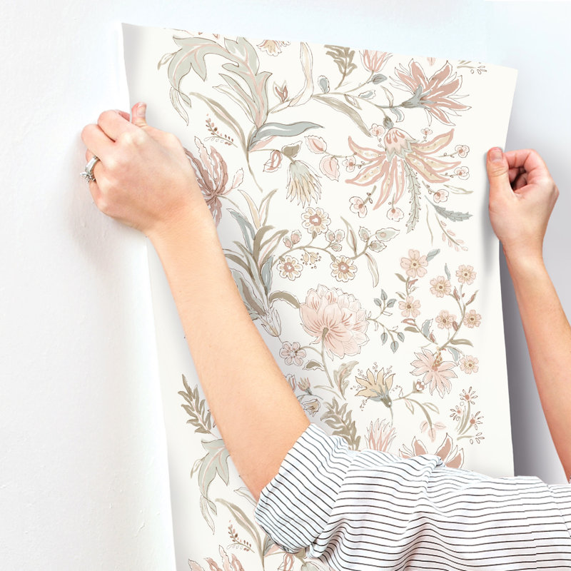 Teonna Light Pink Floral Stripe Wallpaper, Pink