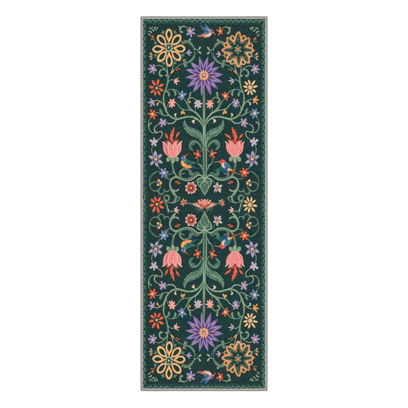 Aasen Veridian Floral Machine Washable Green / Yellow / Pink / Purple Indoor Area Rug with Non-Slip Backing, Runner 2' x 7'