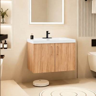 Meuble-lavabo moderne de 30 pouces avec armoires flottantes murales, poignées dorées, lavabo en résine blanche, lignes épurées et conception élégante, fermeture silencieuse