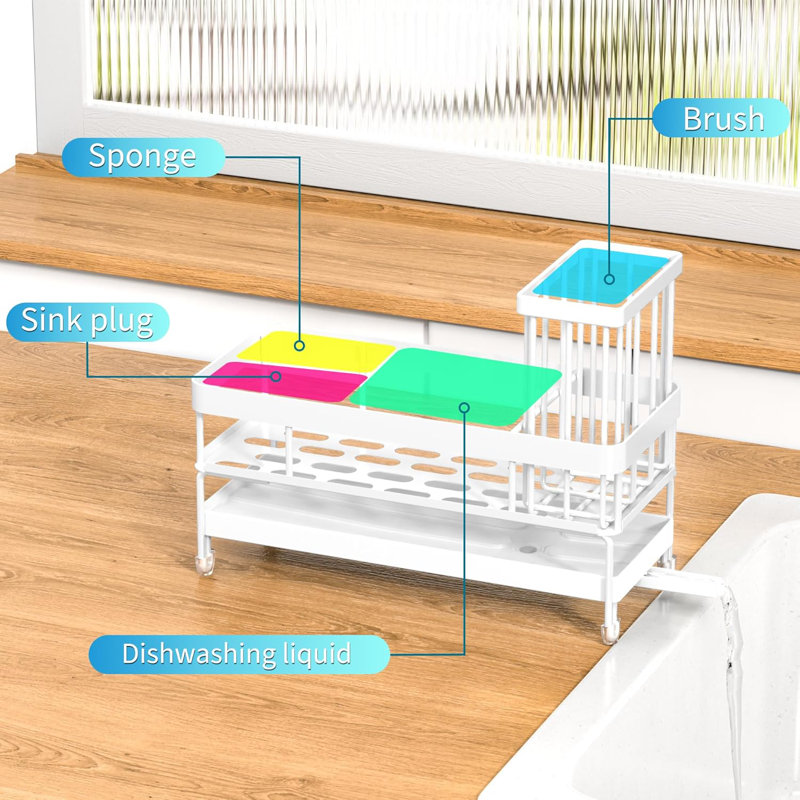 Plateau de rangement pour évier de cuisine avec système d'auto-vidange, éponge en acier inoxydable 304 et porte-brosse, rangement de comptoir compact pour éponges, brosses, distributeurs de savon
