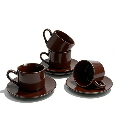 4 Piece Brown 8 oz Stoneware Latte Cup and Saucer Set